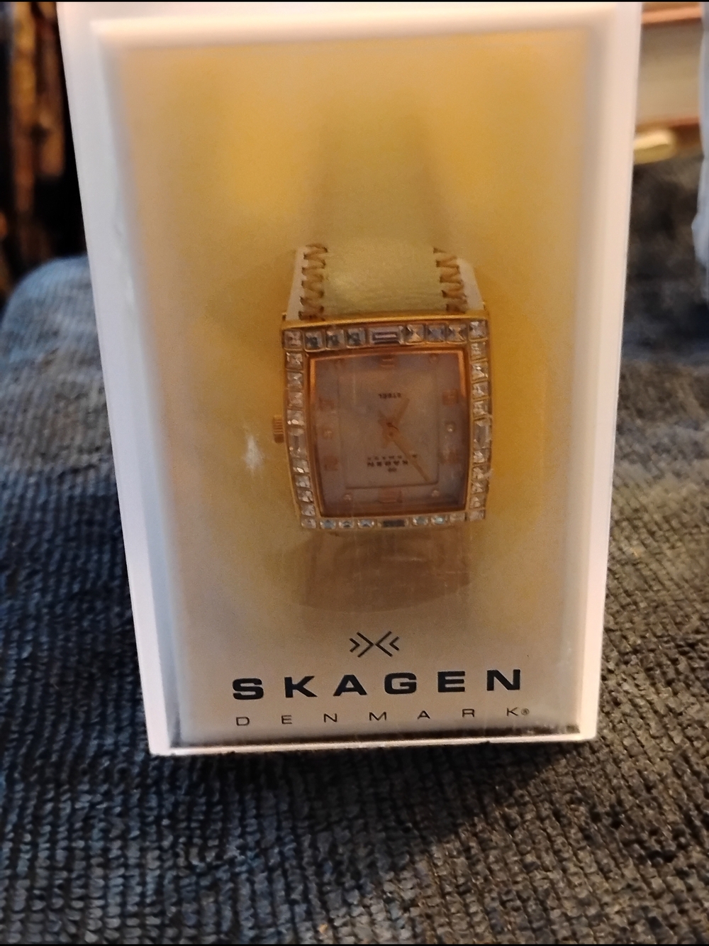 Skagen Gold Tone Crystal-Trim Square Watch with Cream Strap